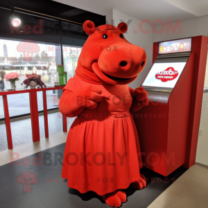 Red Hippopotamus mascot costume character dressed with a A-Line Skirt and Wraps