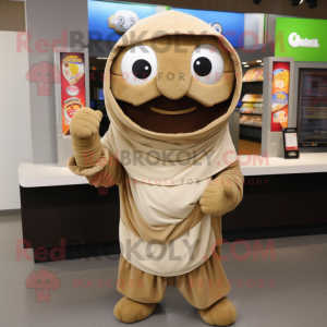 Tan Pho mascot costume character dressed with a Hoodie and Wraps