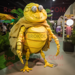 Lemon Yellow Hermit Crab mascot costume character dressed with a Cargo Shorts and Rings