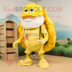 Lemon Yellow Hermit Crab mascot costume character dressed with a Cargo Shorts and Rings