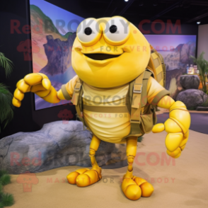 Lemon Yellow Hermit Crab mascot costume character dressed with a Cargo Shorts and Rings