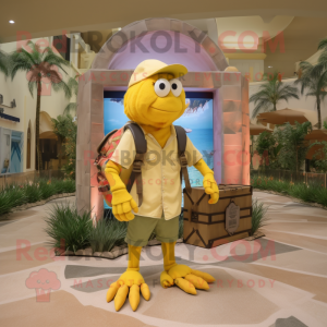 Lemon Yellow Hermit Crab mascot costume character dressed with a Cargo Shorts and Rings