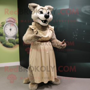 Cream Thylacosmilus mascot costume character dressed with a Maxi Dress and Bracelet watches
