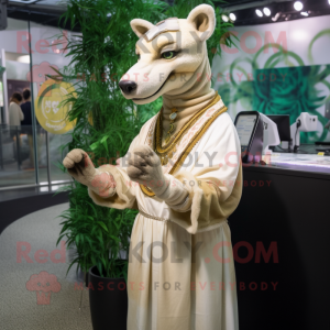 Cream Thylacosmilus mascot costume character dressed with a Maxi Dress and Bracelet watches