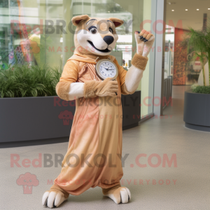Cream Thylacosmilus mascot costume character dressed with a Maxi Dress and Bracelet watches