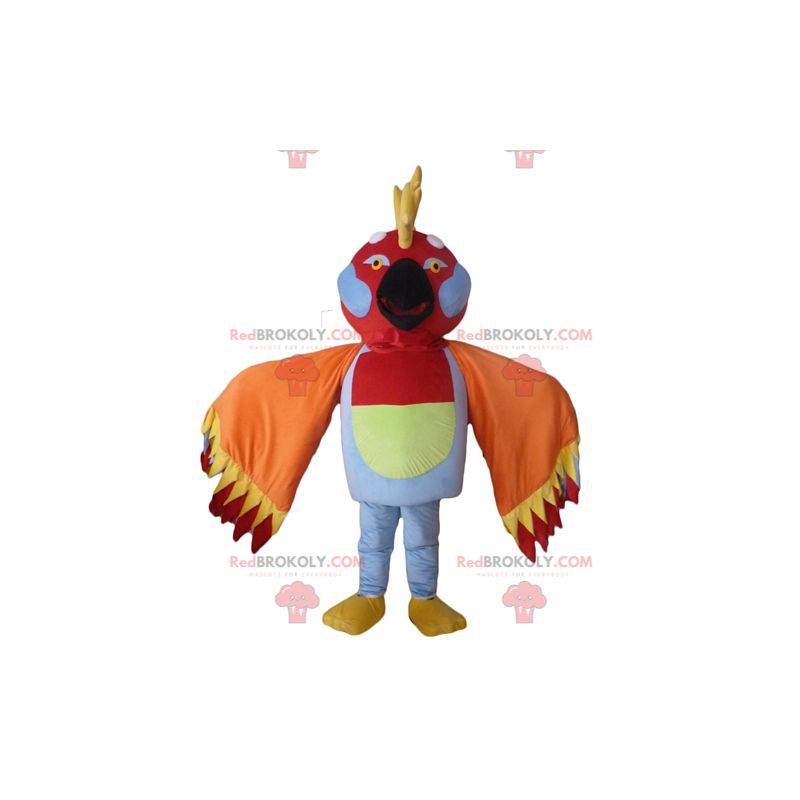 Multicolored bird mascot with feathers on the head -
