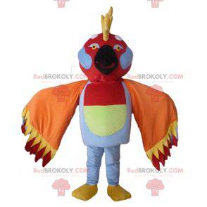 Multicolored bird mascot with feathers on the head -