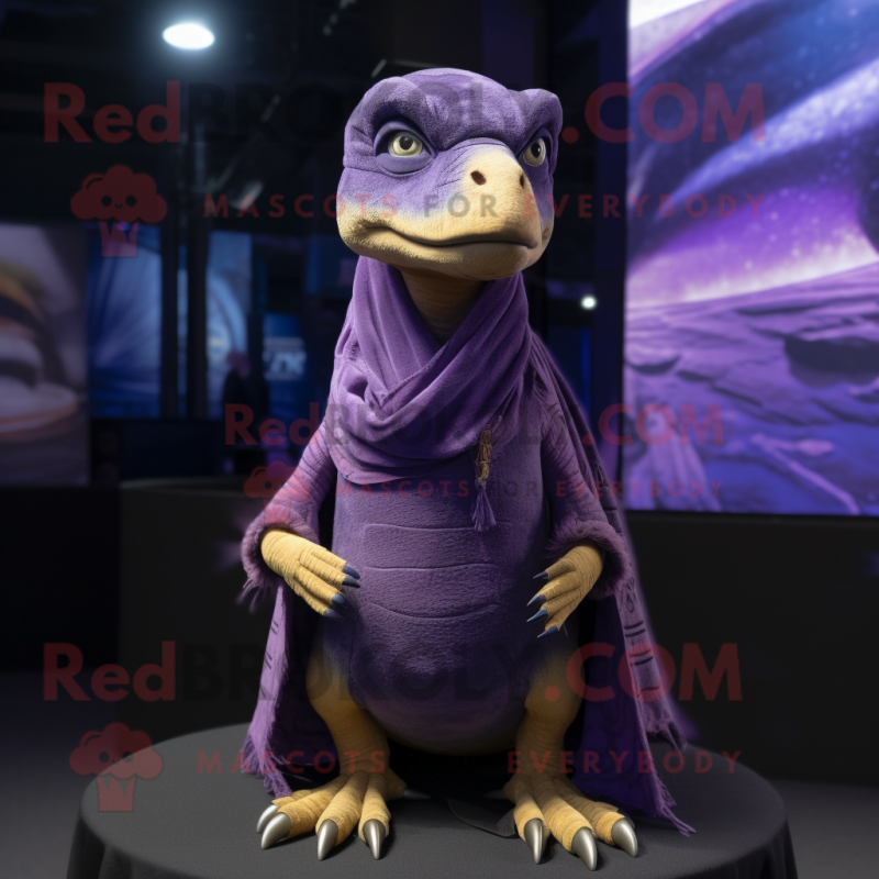 Purple Velociraptor mascot costume character dressed with a Shorts and Shawls