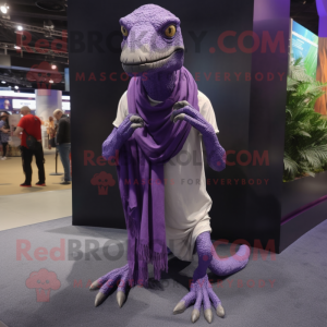 Purple Velociraptor mascot costume character dressed with a Shorts and Shawls
