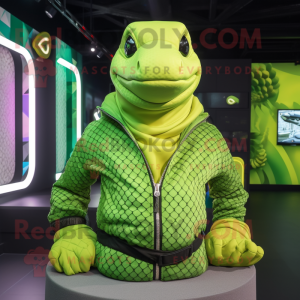 Lime Green Anaconda mascot costume character dressed with a Hoodie and Necklaces