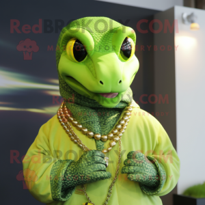 Lime Green Anaconda mascot costume character dressed with a Hoodie and Necklaces