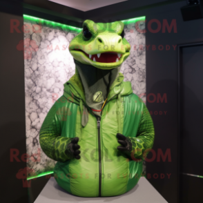 Lime Green Anaconda mascot costume character dressed with a Hoodie and Necklaces