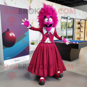 Magenta Knife Thrower mascot costume character dressed with a Ball Gown and Lapel pins