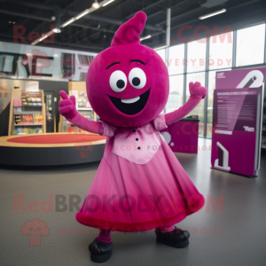 Magenta Knife Thrower mascot costume character dressed with a Ball Gown and Lapel pins