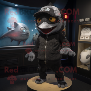 Black Tuna mascot costume character dressed with a Sweater and Beanies
