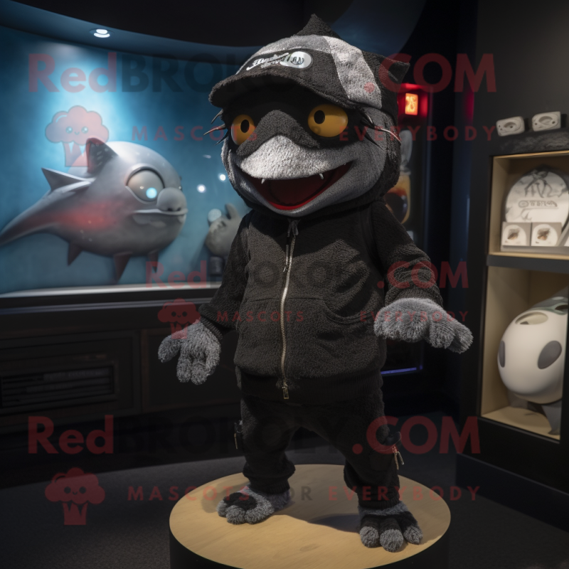 Black Tuna mascot costume character dressed with a Sweater and Beanies Black Tuna mascot costume character dressed with a Sweater and Beanies