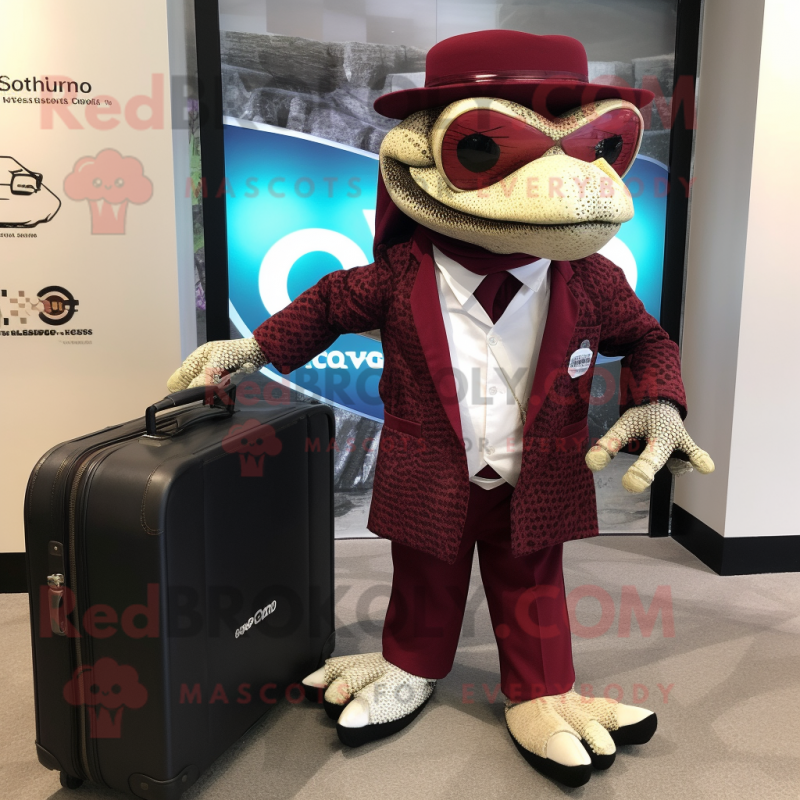Maroon Python mascot costume character dressed with a Blazer and Briefcases Maroon Python mascot costume character dressed with a Blazer and Briefcases