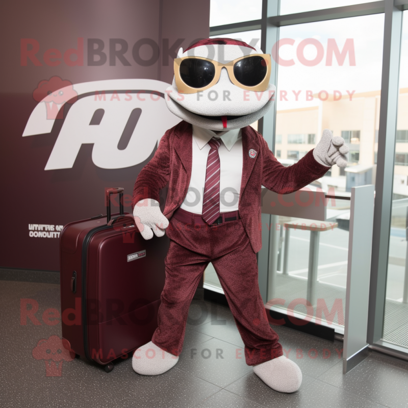 Maroon Python mascot costume character dressed with a Blazer and Briefcases Maroon Python mascot costume character dressed with a Blazer and Briefcases