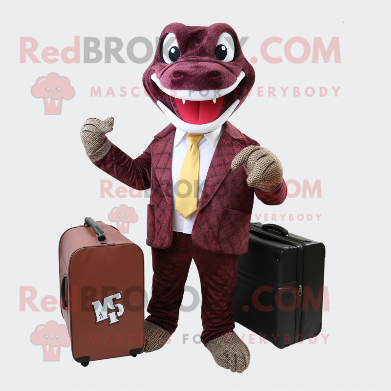 Maroon Python mascot costume character dressed with a Blazer and Briefcases Maroon Python mascot costume character dressed with a Blazer and Briefcases