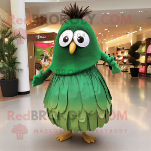 Forest Green Kiwi mascot costume character dressed with a Shift Dress and Rings