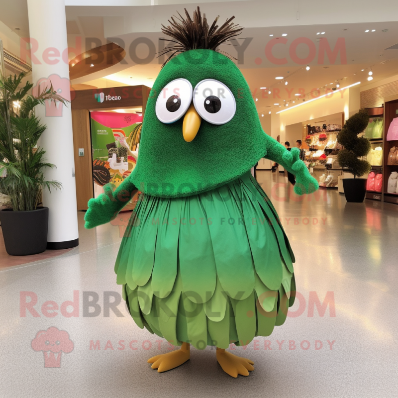 Forest Green Kiwi mascot costume character dressed with a Shift Dress and Rings