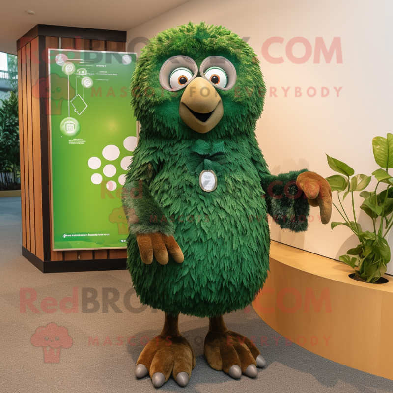 Forest Green Kiwi mascot costume character dressed with a Shift Dress and Rings