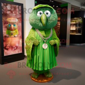Forest Green Kiwi mascot costume character dressed with a Shift Dress and Rings