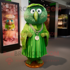 Forest Green Kiwi mascot costume character dressed with a Shift Dress and Rings