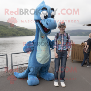 nan Loch Ness Monster mascot costume character dressed with a Denim Shirt and Foot pads