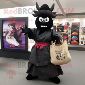 Black Samurai mascot costume character dressed with a Midi Dress and Tote bags
