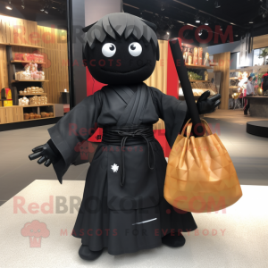 Black Samurai mascot costume character dressed with a Midi Dress and Tote bags