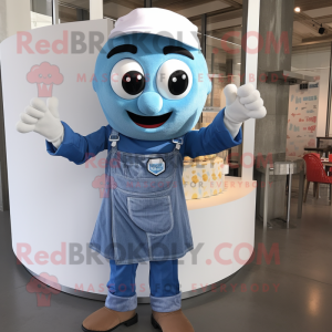 Sky Blue Wedding Cake mascot costume character dressed with a Chambray Shirt and Mittens