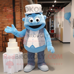 Sky Blue Wedding Cake mascot costume character dressed with a Chambray Shirt and Mittens