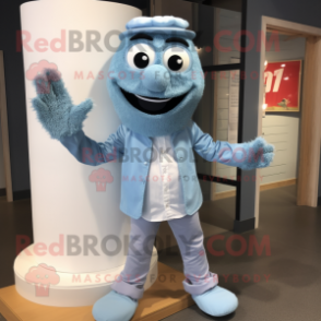 Sky Blue Wedding Cake mascot costume character dressed with a Chambray Shirt and Mittens