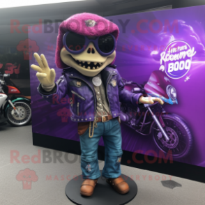 Purple Ceviche mascot costume character dressed with a Biker Jacket and Wallets