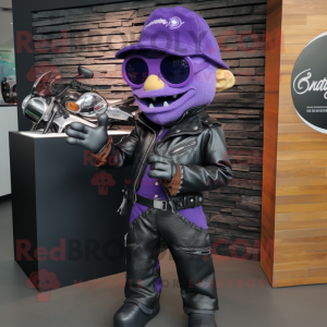 Purple Ceviche mascot costume character dressed with a Biker Jacket and Wallets