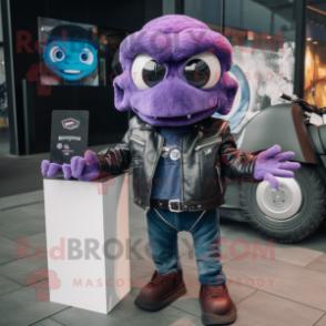 Purple Ceviche mascot costume character dressed with a Biker Jacket and Wallets