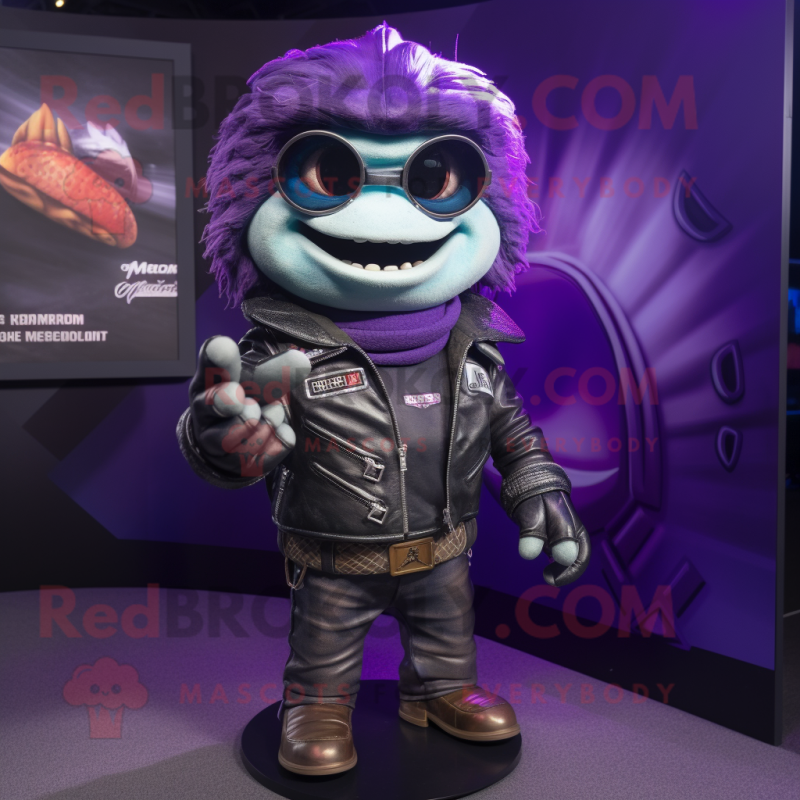 Purple Ceviche mascot costume character dressed with a Biker Jacket and Wallets Purple Ceviche mascot costume character dressed with a Biker Jacket and Wallets