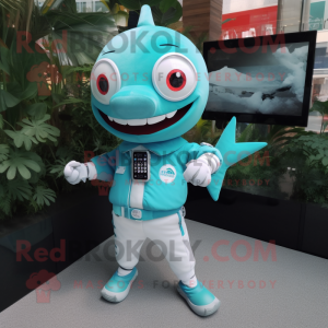 Turquoise Shark mascot costume character dressed with a Blouse and Digital watches