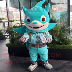 Turquoise Shark mascot costume character dressed with a Blouse and Digital watches