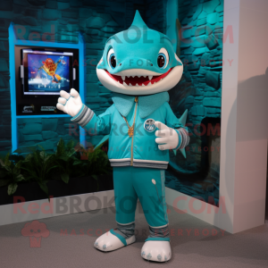 Turquoise Shark mascot costume character dressed with a Blouse and Digital watches
