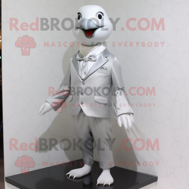Silver Dove mascot costume character dressed with a Vest and Cufflinks Silver Dove mascot costume character dressed with a Vest and Cufflinks