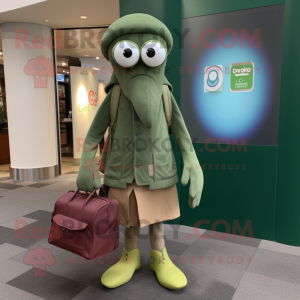 Olive Squid mascot costume character dressed with a Cardigan and Handbags