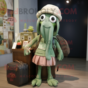 Olive Squid mascot costume character dressed with a Cardigan and Handbags