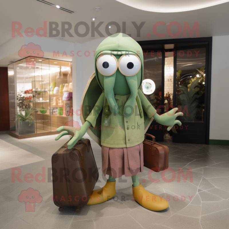 Olive Squid mascot costume character dressed with a Cardigan and Handbags Olive Squid mascot costume character dressed with a Cardigan and Handbags