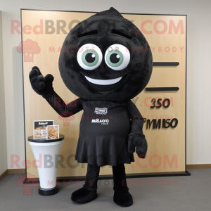 Black Miso Soup mascot costume character dressed with a Capri Pants and Tie pins