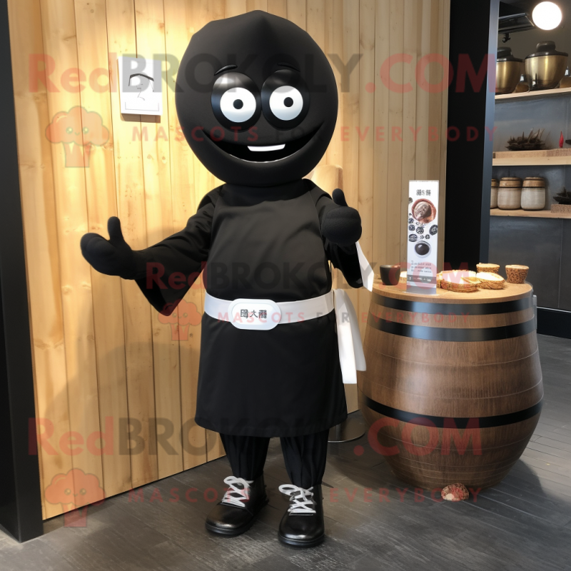 Black Miso Soup mascot costume character dressed with a Capri Pants and Tie pins