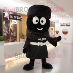 Black Miso Soup mascot costume character dressed with a Capri Pants and Tie pins