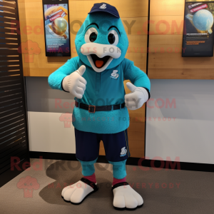 Teal Juggle mascot costume character dressed with a Bermuda Shorts and Bracelet watches