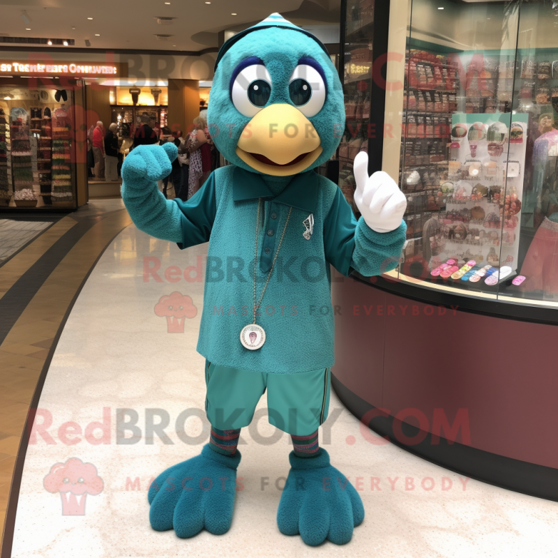 Teal Juggle mascot costume character dressed with a Bermuda Shorts and Bracelet watches Teal Juggle mascot costume character dressed with a Bermuda Shorts and Bracelet watches